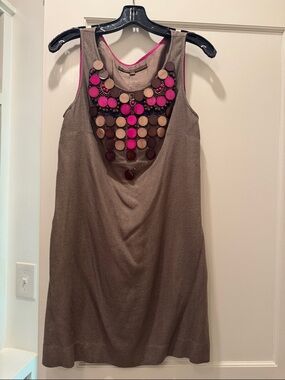 A Common Thread Beaded Taupe Shift Dress with Pink Accents